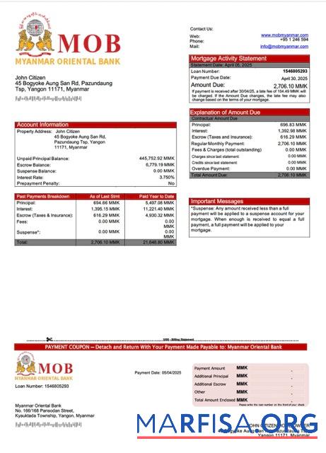 Downloadable Myanmar Oriental Bank mortgage statement Word and PDF template